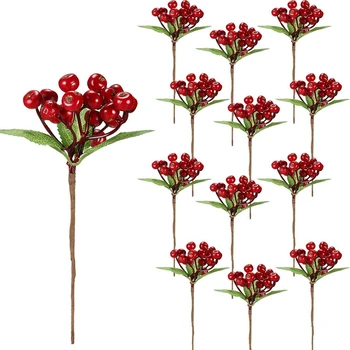 

20PCS Artificial Red Berries Twig Stem Flowers Fake Berries Bunch for Christmas Tree Decorations and DIY Craft
