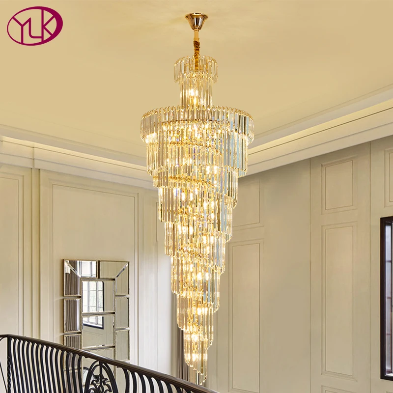 Luxury Staircase Crystal Chandelier Large Modern Rings Design Led Cristal  Lamp Long Villa Lobby Living Room Gold Hanging Light