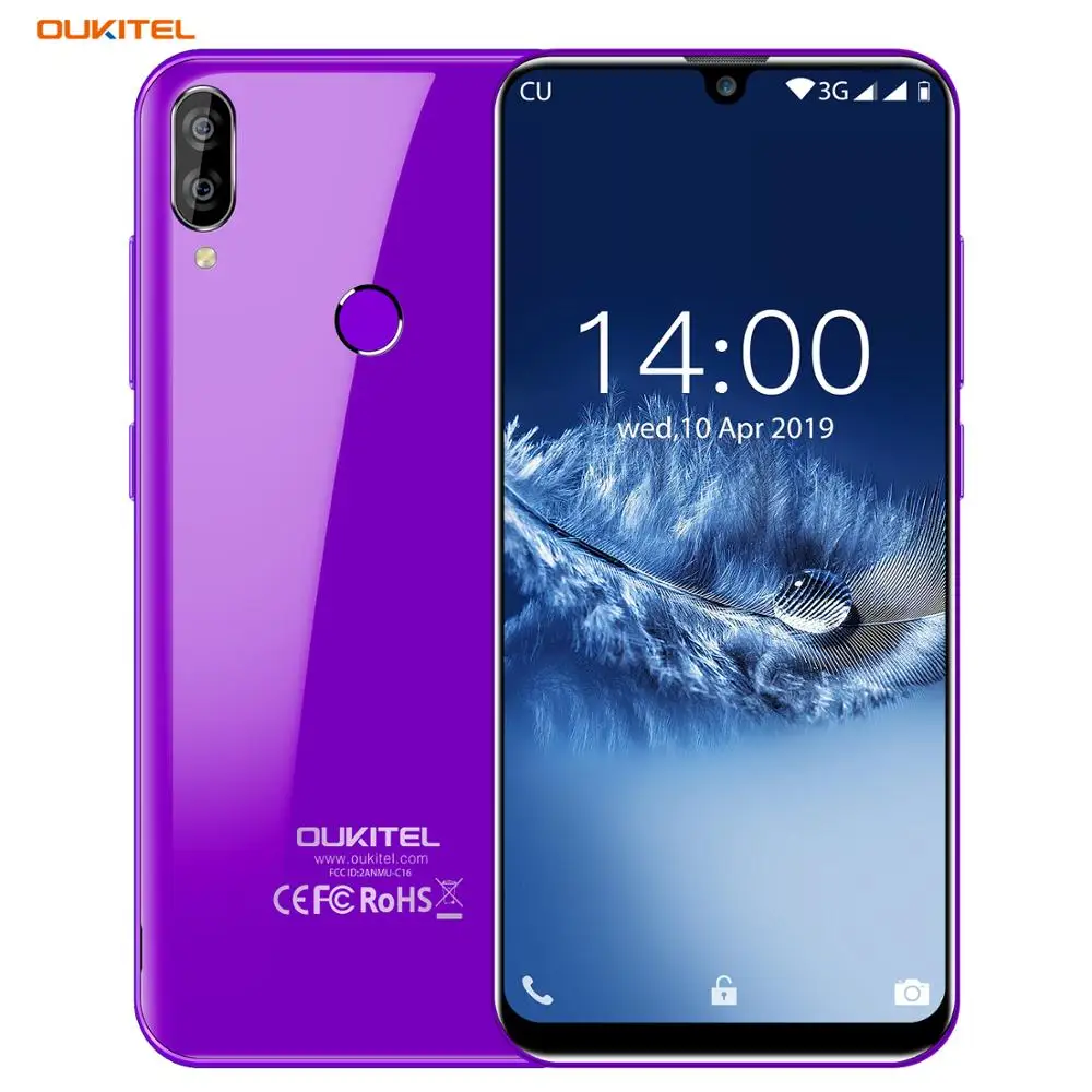 OUKITEL C16 5.71" HD+ 19:9 Android 9.0 Smartphone WaterDrop Fingerprint Mobile Phone MT6580P 2G RAM 16G ROM 2600mAh Unlock - Цвет: Purple