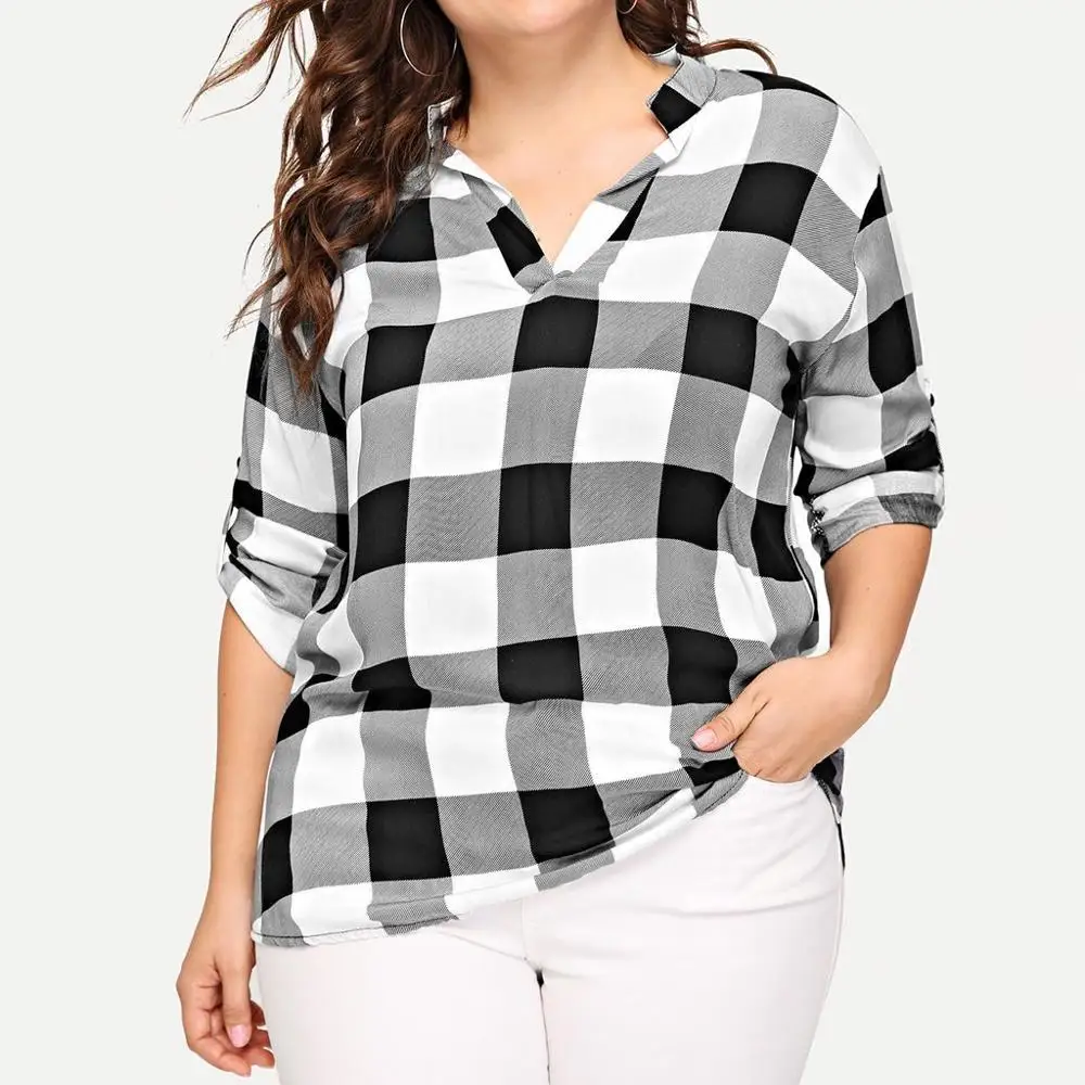 

Plus size Blouse Women V-Neck Long Sleeve Plaid Printed Fashion Autumn Casual Women Tops and blouses blusa feminina #3F