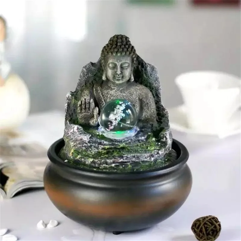 

Rockery Small Buddha Statue Water Fountain Led Light Ball Feng Shui Ornament Home Decoration Office Desktop Waterscape Crafts