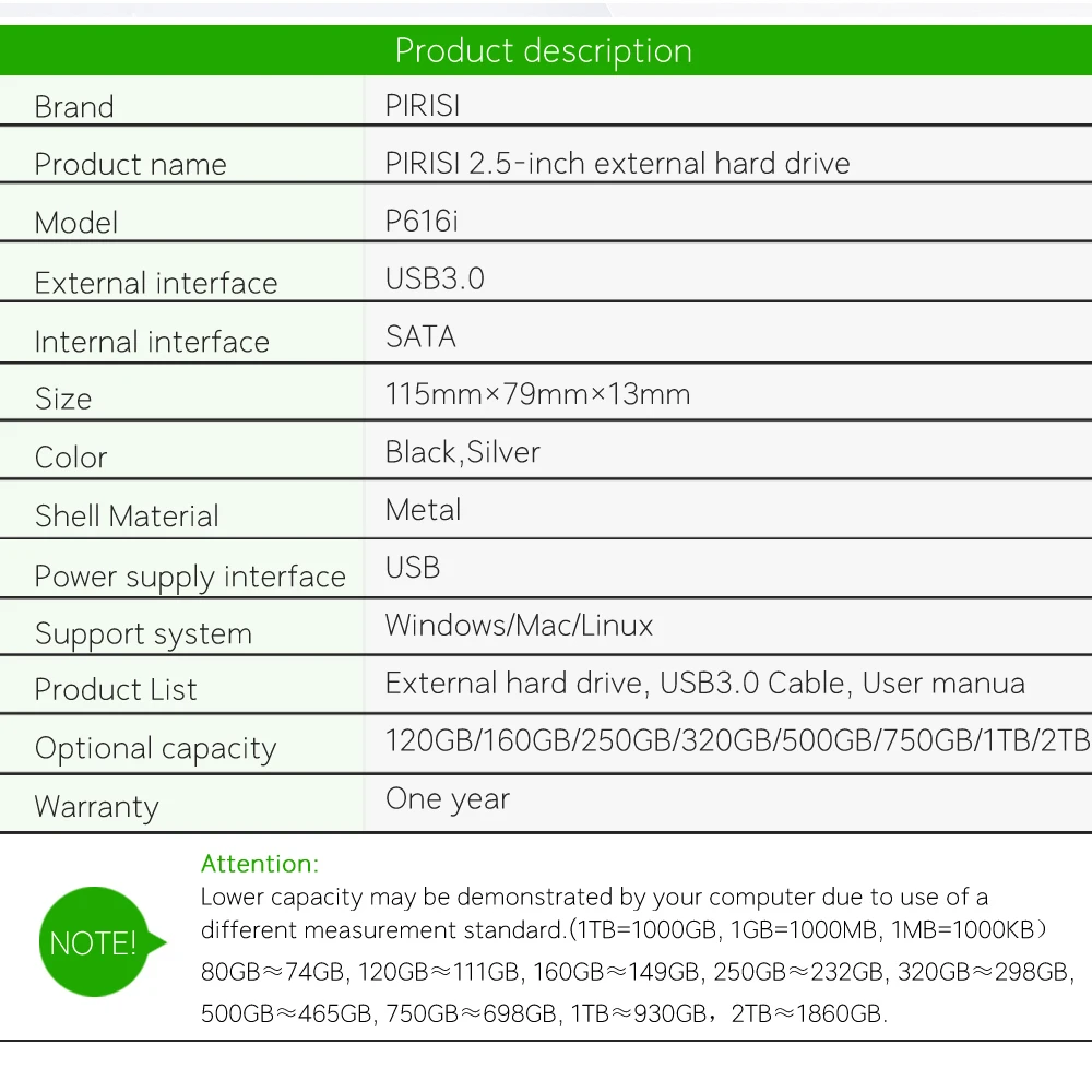 PIRISI HDD 2.5'' External Hard Drive USB3.0 1TB 750GB 500GB 320GB 250GB 160GB 120GB 80GB Storage Portable Hard Disk for PC/Mac PIRISI HDD 2.5'' External Hard Drive USB3.0 1TB 750GB 500GB 320GB 250GB 160GB 120GB 80GB Storage Portable Hard Disk for PC/Mac