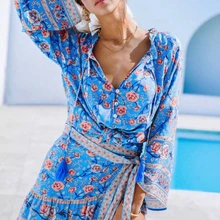 Boho chic happie женская синяя с цветочным принтом из вискозы богемная пляжная блузка рубашка женская с расклешенными рукавами Свободные Boho рубашки blusa