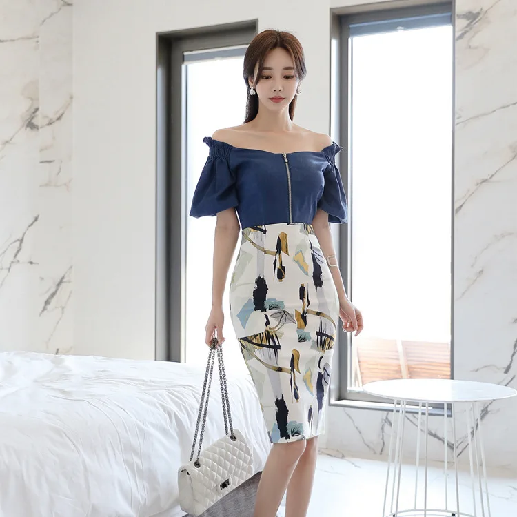 high end women Suits 2020 Summer Off Shoulder  Blue Blouse Print Pencil Bodycon Skirt Two Piece set  Party Vestidos ebaihui blue stripe short sleeved shirt summer loose women s korean edition blouse simple versatile polo collar cardigan blusas