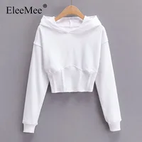 EleeMee 2021 New Hoodies Women Short Casual Hooded Sweaters Long Sleeve Slim Female Tops Solid Color Fit Fashion Size S-M