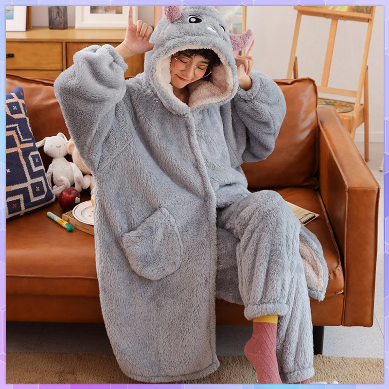 Women's Dressing Gown Fleece Hooded Bathrobe Princess Robe Fluffy Warm Sherpa Shaggy Kimono Shark Winter Woman Coats For Home