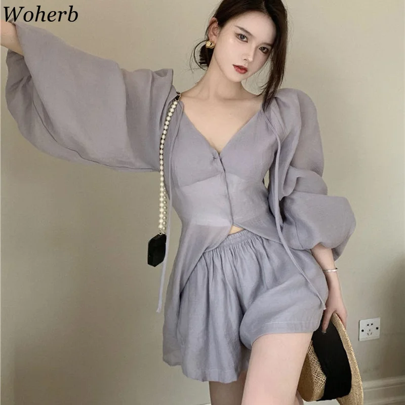 Woherb Autumn 2021 New Loose Two Piece Set Women Lace-up Long Sleeve Low-cut Blouse Casual High Waist Shorts Elegant Solid Suits |
