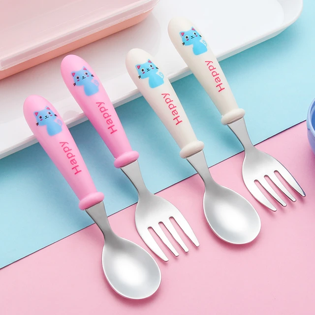 Cute Cartoon Spoon Fork Set 304 Stainless Steel Infant Feeding Children's  Tableware Baby Utensil Cutlery Set Dinnerware PINK MOUSE