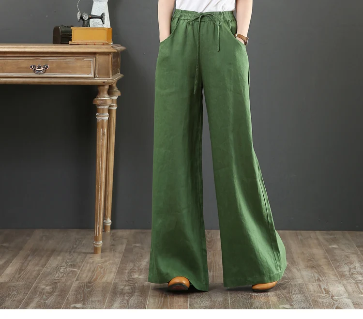 cargo capris Vintage Cotton Linen Women Pants Summer 2021 Elastic Waist Solid Wide Leg Loose Female Pants Top Quality 9-point Pants Length jeans pant