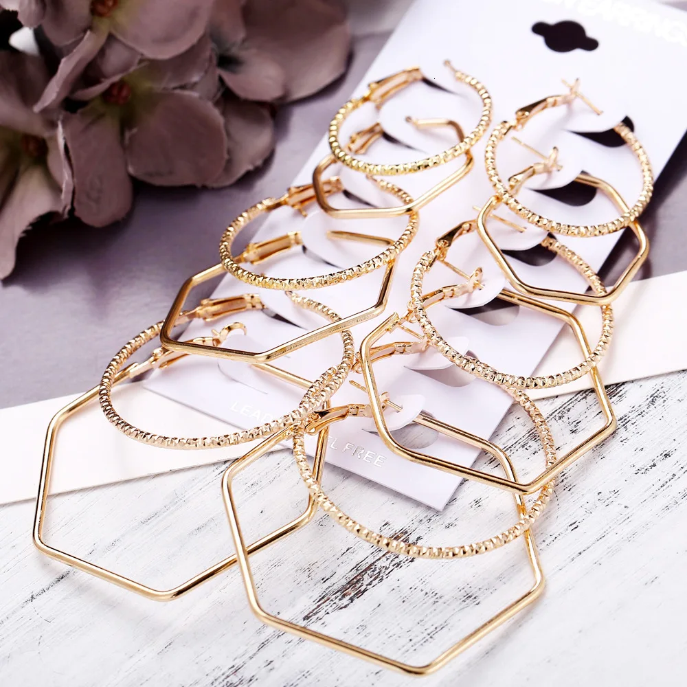 

Jouval Hoop Earrings Set Big Hexagon Circle Earring For Women Female Fashion Jewelry Girls Minimalist Punk Ear Oorbellen Brincos