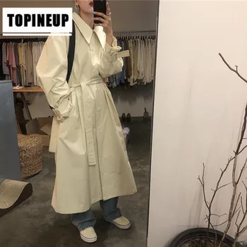 

Women fashion Casual Loose Plus Size Solid color Single-breasted belt long trench coat female jacket