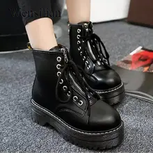 Зимние женские ботильоны; обувь из искусственной кожи; ботинки на молнии в байкерском стиле на платформе; женская обувь на шнуровке с круглым носком; Botines Mujer;