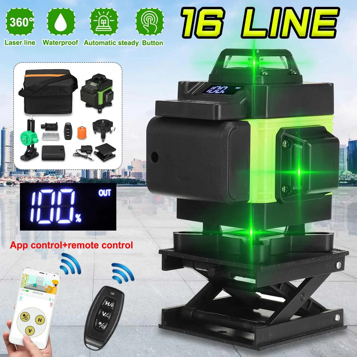 4D 16 Lines Green Light Laser Level Auto Self Leveling 360° Rotary Measure Cross 