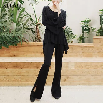 

XITAO Split Women Flare Sleeve Fashion New Women 2020 Spring Sheath Minority Casual Goddess Fan Casual Black Pants XJ3808