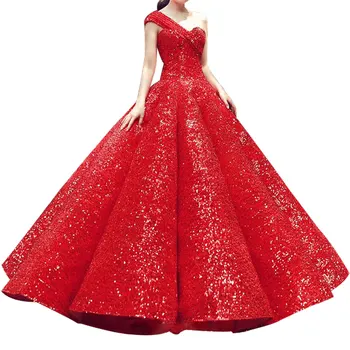 

Charming One-Shoulder Sleeveless Backless Prom Dancing Ball Gown Sequins Ruffle Evening Formal Dress