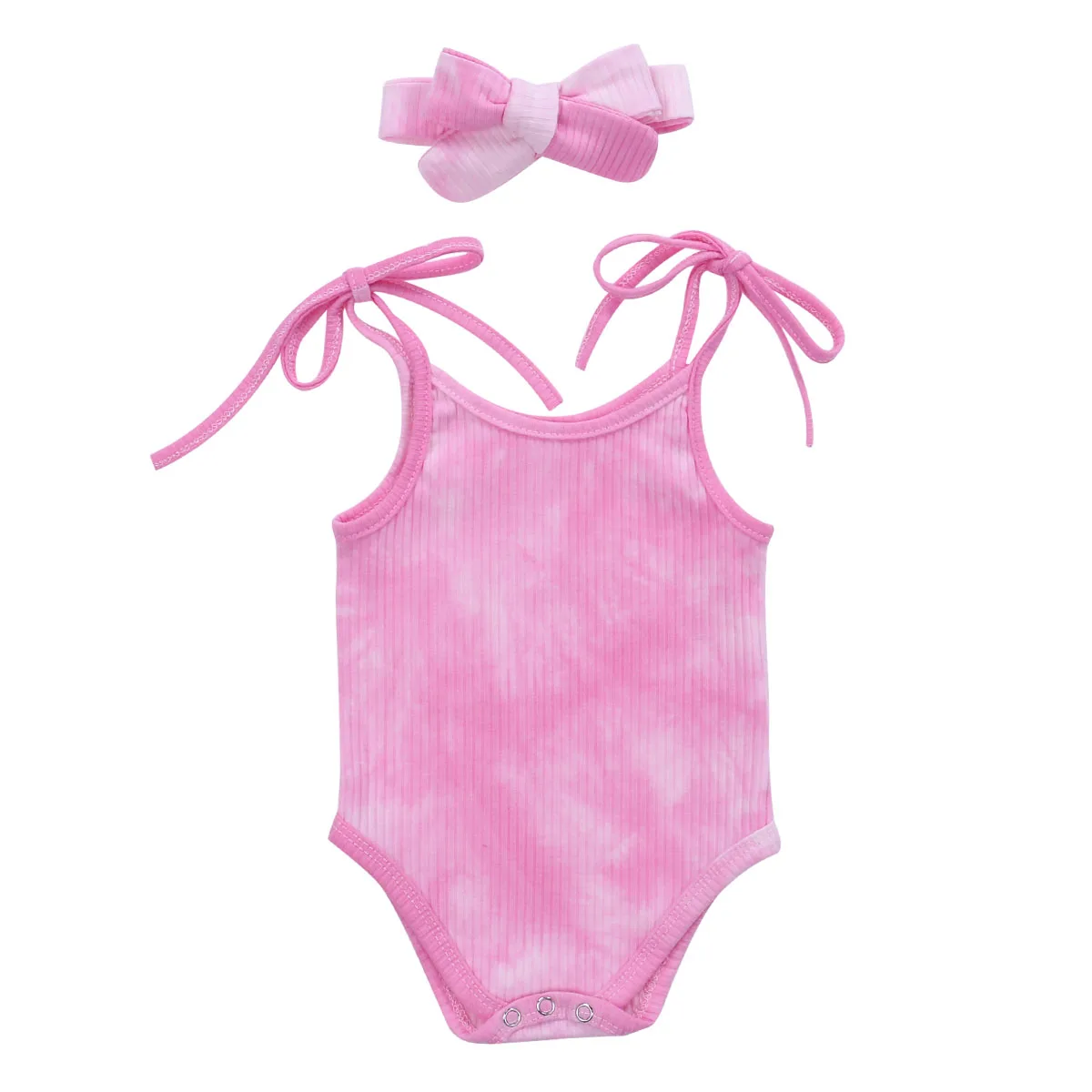 Summer Baby Girl Outfits Tie Dyeing Lace-up Romper Sleeveless Strap Jumpsuit+Headband 2Pcs Toddler Set | Детская одежда и обувь