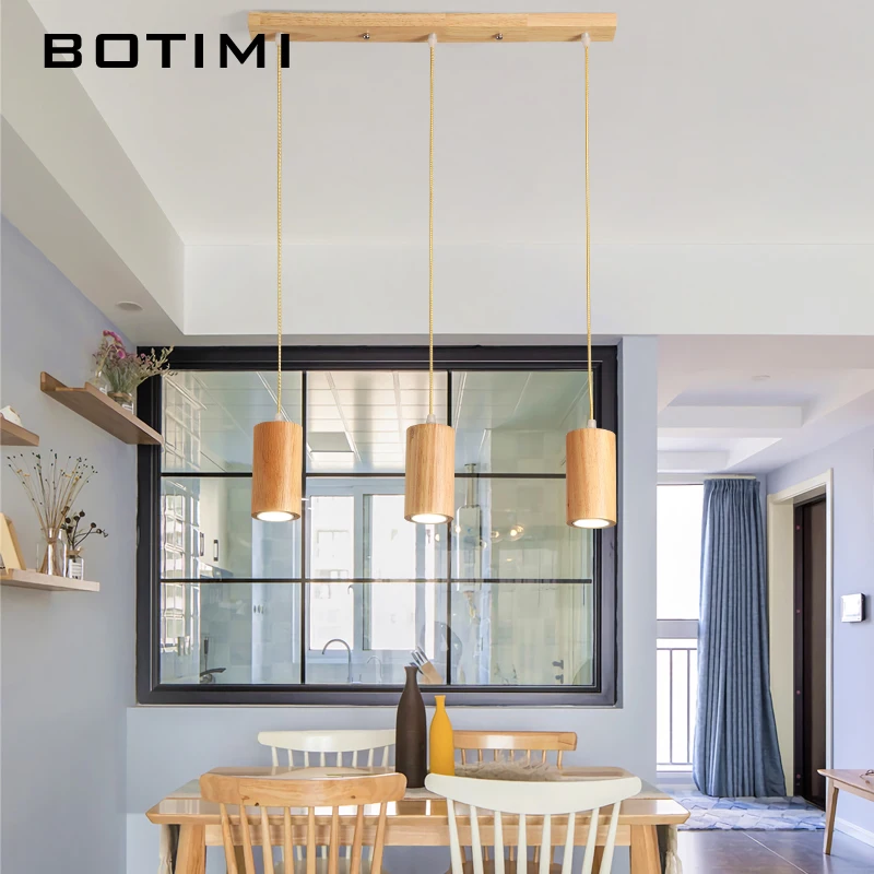 

BOTIMI Solid Wood LED Pendant Lights For Dining Room Japanese Wooden Suspension Lighting Resturant Kitchen Triple Cord Hanglamp