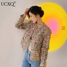 UCXQ Woman Short Jacket Multicolor Plaid O Collar Long Sleeve Single Breasted Slim Tweed Vintage Style 2022 New Autumn 23XF214