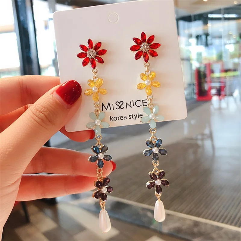

925 Silver Needle 5 Color Crystal Flower Tassel Pendant Ladies Wedding Party Statement Earrings Jewelry Women Girls Gifts 2019