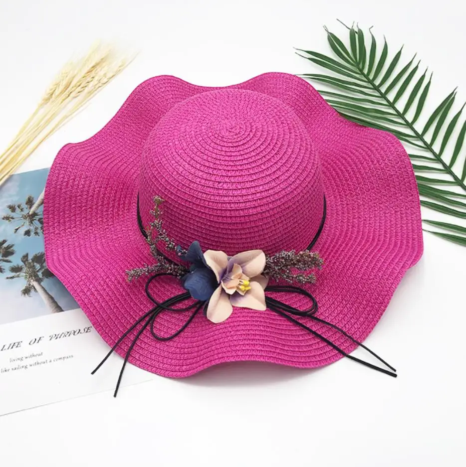 Брендовая мягкая шляпа, мягкая Солнцезащитная летняя Соломенная пляжная шляпа, женская и детская Цветочная декоративная крышка, модные шляпы - Цвет: Розово-красный