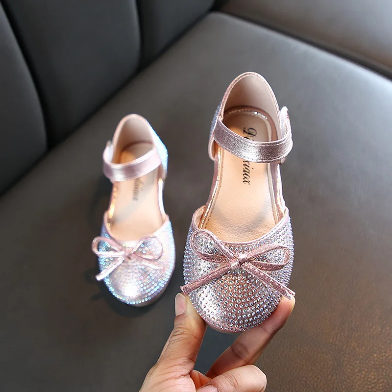 2020New baby girl shoes Kids children Rhinestone bowknot Princess shoes for girls Single Shoes For wedding and party Pink Silver