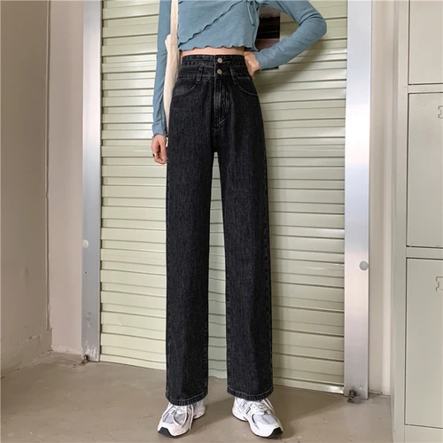 high waisted jeans Double Buckle Jeans New Wide Leg Pants High-Waisted Jeans Loudspeaker Pants Straight Leg Jeans Blue Washed Demin  Black Pants fashion clothing Jeans