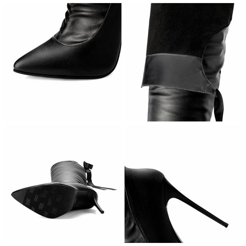 REAVE CAT Womens Over-the-Knee Boots Pointed Toe High Thin Heels Lace Up Flock Faux Leather Riband Big size 34-48 botas Casual