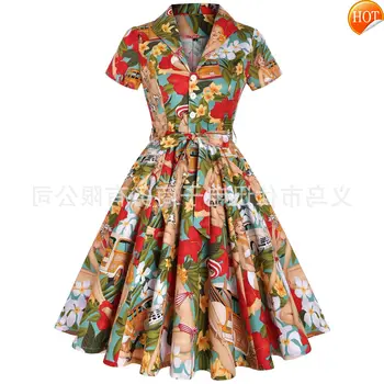 

Cotton Vintage Autumn Dress Short Sleeve 4xl Plus Size Swing Retro Toucan Floral Print Rockabilly Dresses