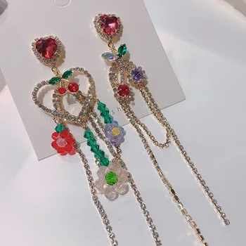

Korean Luxury Rhinestone Heart Long Tassel Drop Earrings For Women Fashion Cute Cherry Jewelry Pendientes Mujer