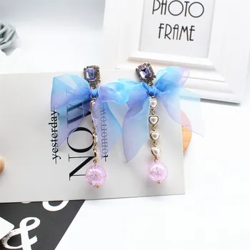 

DI-274 Korea New Design Fashion Jewelry Exaggerated Purple Crystal Lace Bow Earrings Long Love Pearl Bead Earrings for women