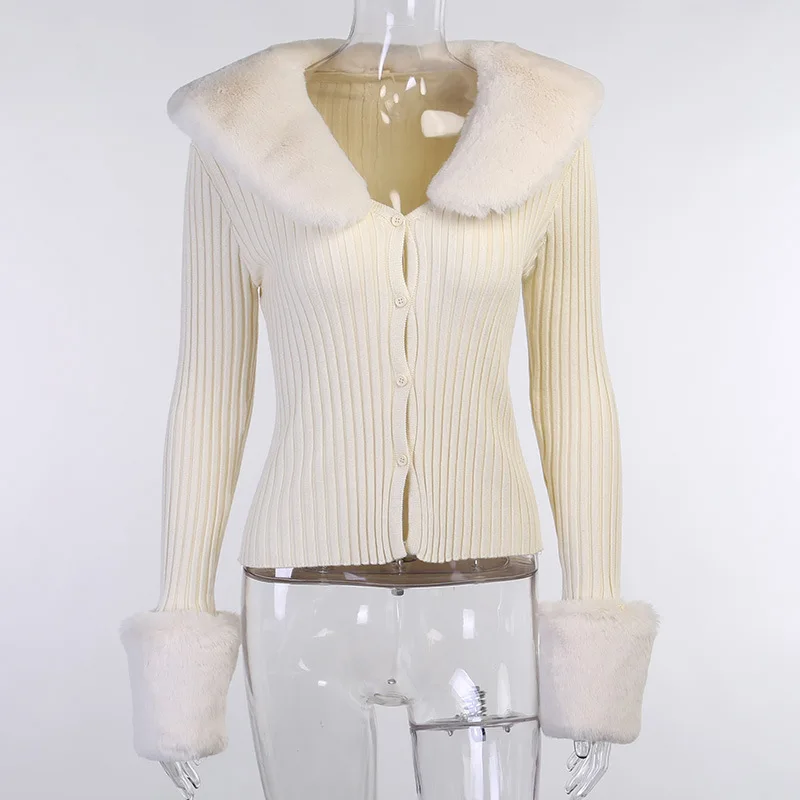 Winter Fluffy Faux Fur Knitted Top Coats and Jackets Oversized Button Up Long Sleeve Overcoats Warm Tops