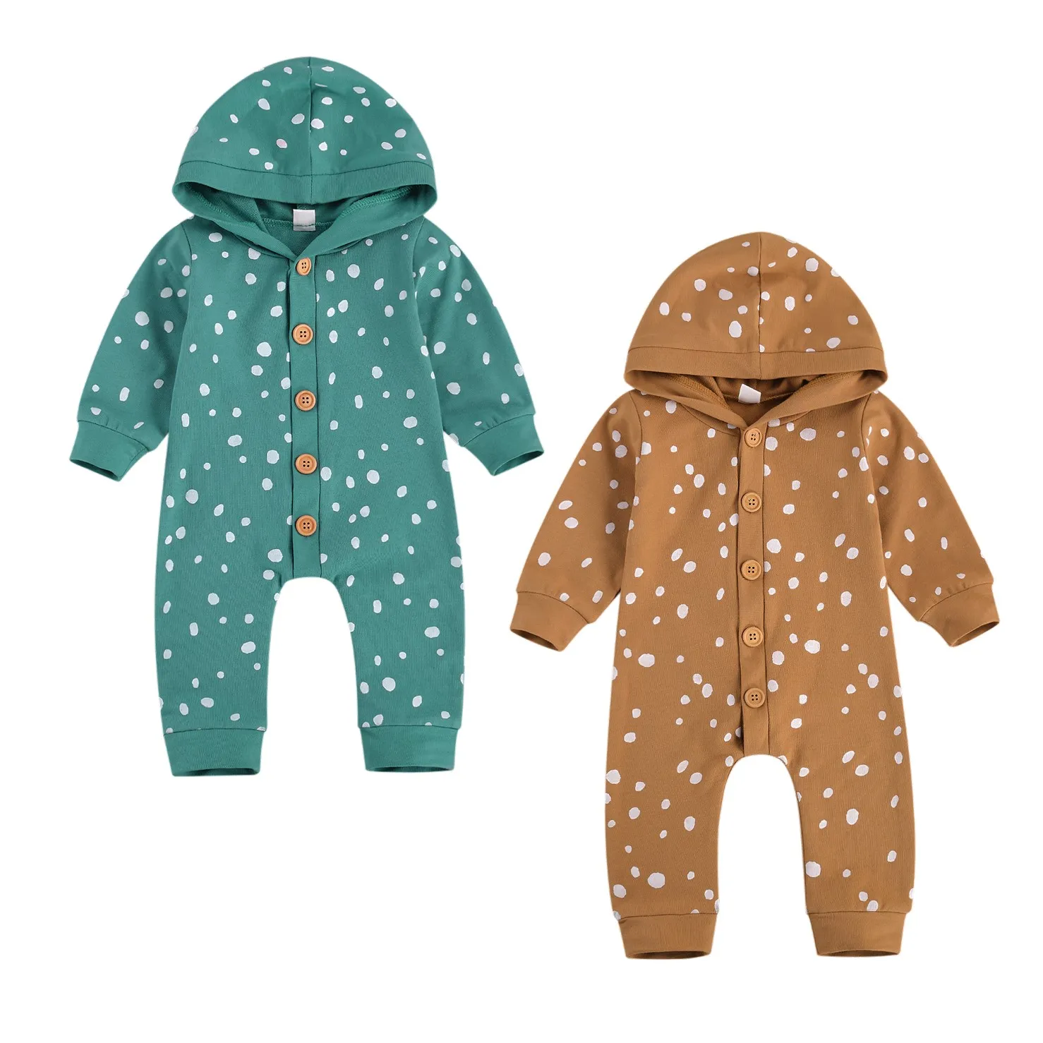 

2020 New Fall Autumn 0-24M Toddler Baby Girl Boy Dots Print Single Breasted Hooded Romper Long Sleeve Button Down Jumpsuit