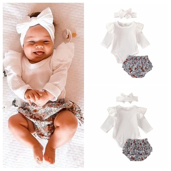 

NEW Newborn Kid Baby Girl Clothes Set Long Sleeve White Jumpsuit 3pcs Floral PP Pants +Headwear Outfit Set Clothes
