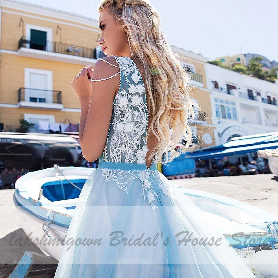 Голубое свадебное платье Пляжное 2020 Robe de Mariee Boheme сексуальное кружевное 3D