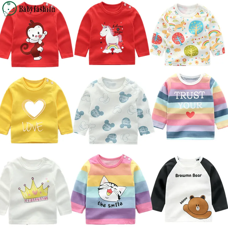 Модные топы для маленьких девочек и мальчиков, хлопковые футболки с длинными рукавами с Микки Маусом для малышей Детская футболка с животными из мультфильмов, футболки для новорожденных, одежда для малышей