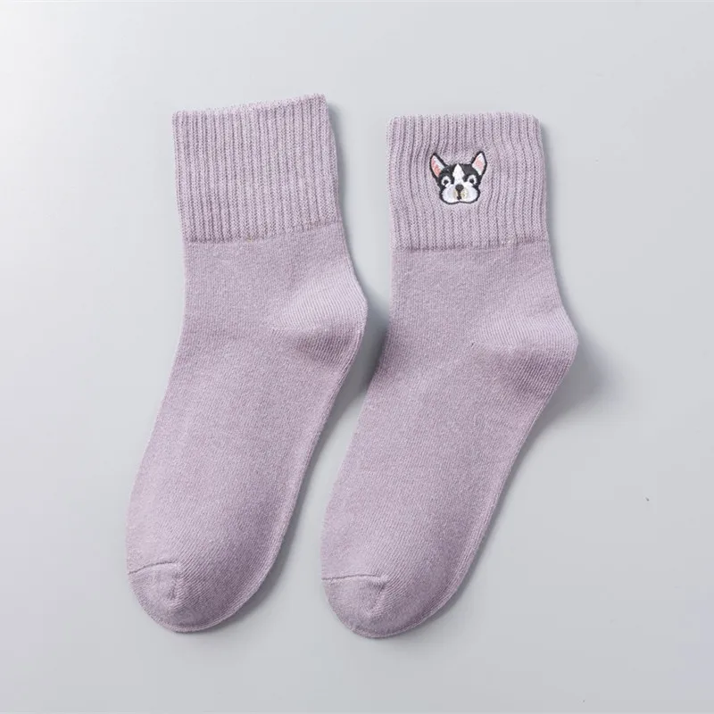 Зимние женские теплые носки с вышивкой в виде французского бульдога, новинка года, милые повседневные носки из хлопка с изображением быка и собаки