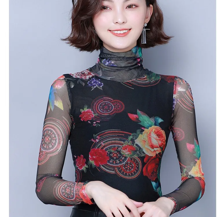

Anqi Pull 2019 Autumn And Winter New Style Long-sleeved T-shirt Slim Fit High Collar Base Shirt Outer Wear Versatile Floral Gauz