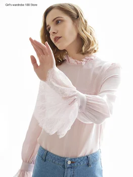 

Silk Western style pullover blouse women's spring clothing Korean style sleeve fairy top women's French bottoming
