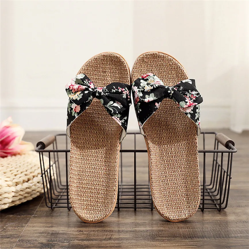 

Summer Slippers Female Bowknot Flax Linen Flip Flops Beach Shoes Women Anti-slip Beach Slippers Slip On Shoes Free shipping 25