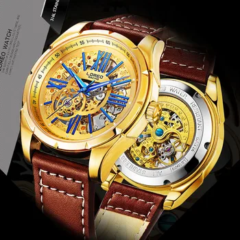 

LOREO Automatic Mechanical Skeleton Men's Watch Gold Waterproof Watch Fashion Men Watches Top Brand Luxury Male Clok tourbillon