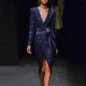 

2020 Early Spring New Ladies Temperament Sexy V-neck Design Waist Sequins Irregular Sexy Women Dress