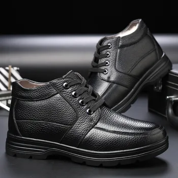 

A392020 new custom size thickening men's lace-up leather wool cotton shoes winter plus cashmere warm middle-aged men's shoes.