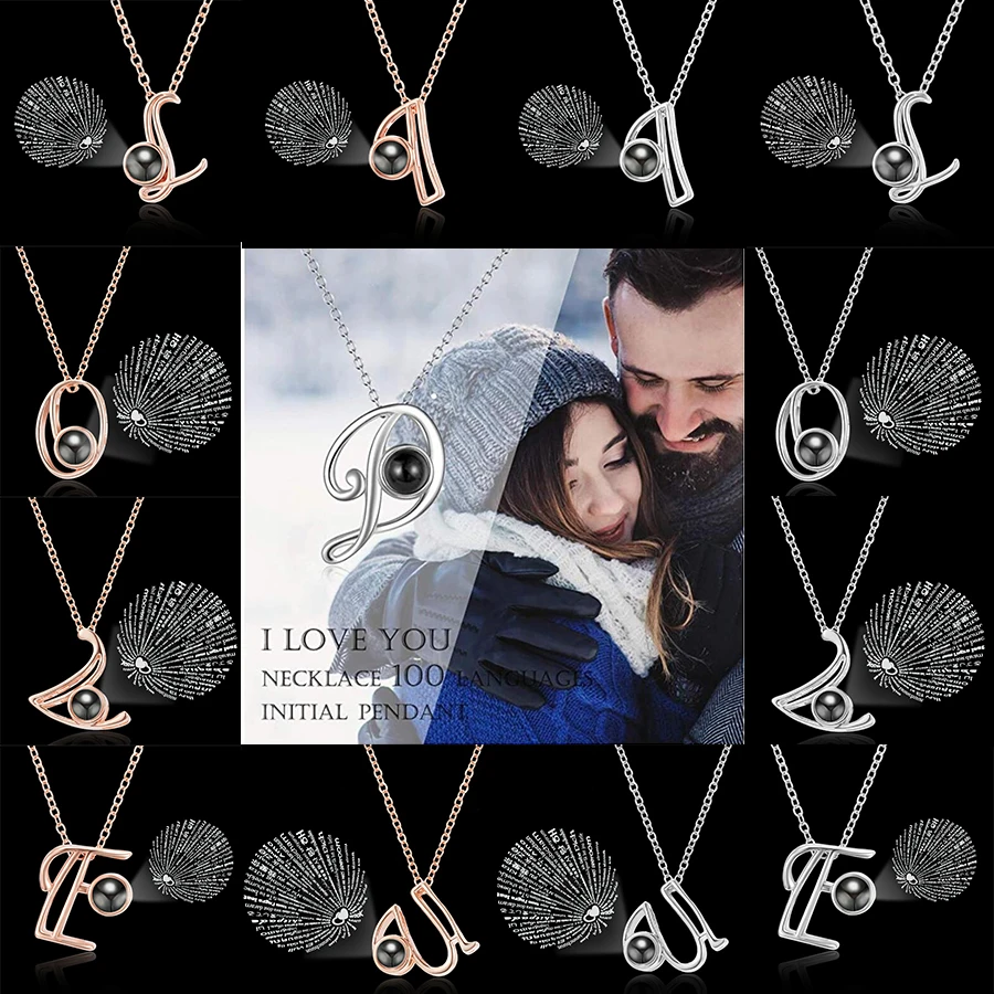 

Rose Gold&Silver 100 Language I Love You Projection Necklace A-Z Letter Love Memory Projection Pendant Wedding Necklace Jewelry