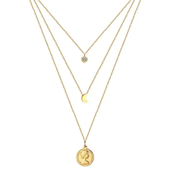 

Stainless Steel Crystal Gold Silver Color Pendants Necklace Multi Layer Design Moon Beauty Head Pendant Necklace For Woman