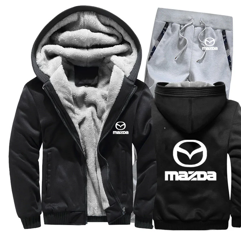 Мужские толстовки с капюшоном с логотипом Mazda, мужские толстовки с капюшоном, зимний утепленный флисовый хлопковый спортивный костюм на молнии, мужская куртка+ штаны, комплекты из 2 предметов