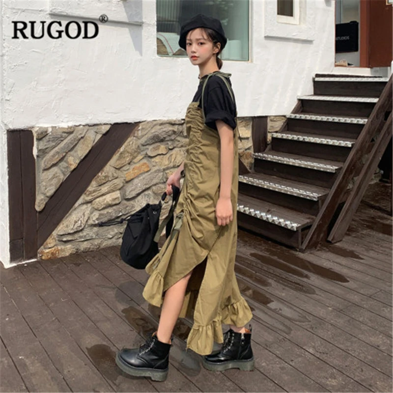 RUGOD новые полки женского зеленого асимметричного платья с боковым разрезом свободного покроя платье корейской моды прохладно платье девушки