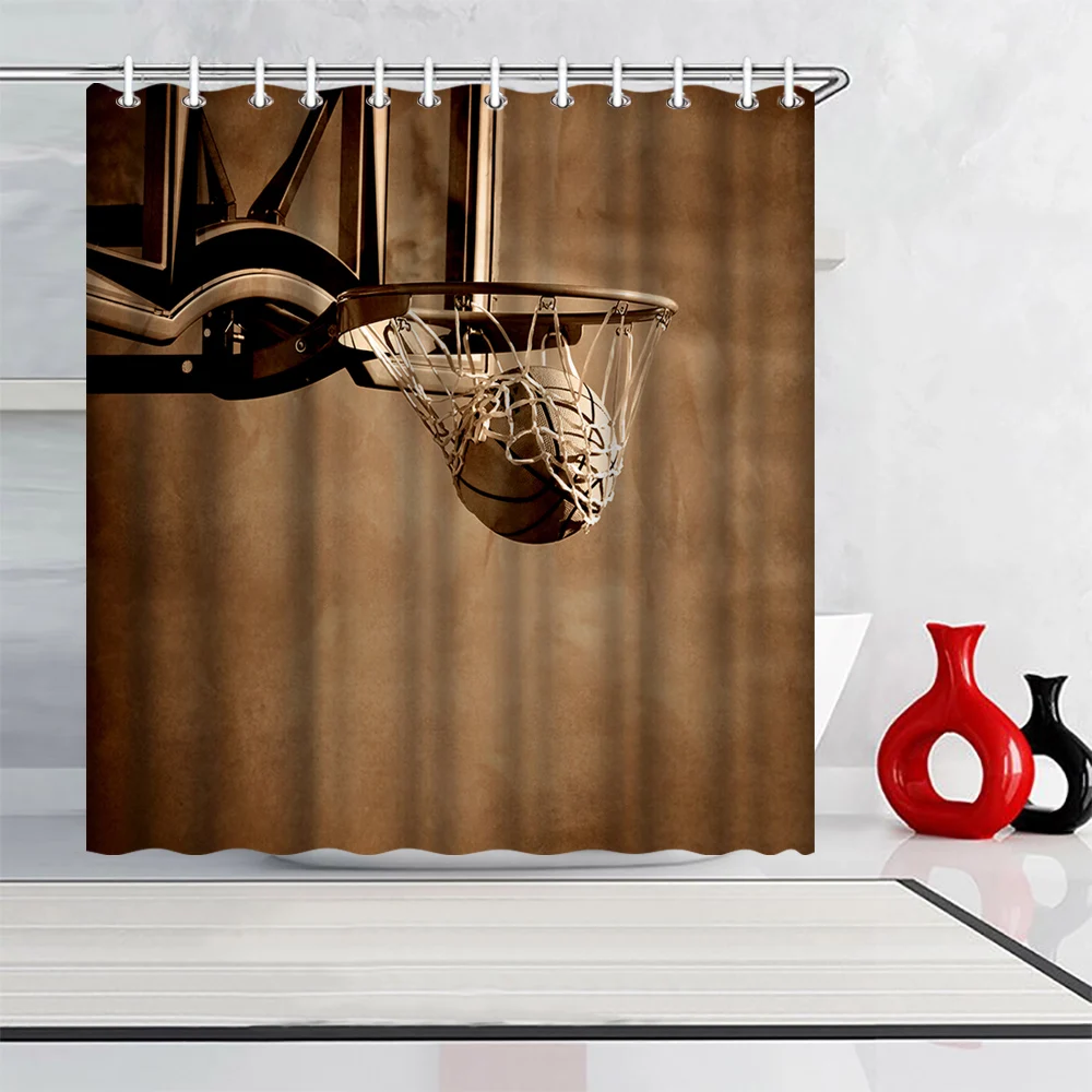 

Basketball Shower Curtain Boys Sports Bath Curtain Waterproof Polyester Fabric with Hooks 72"x72