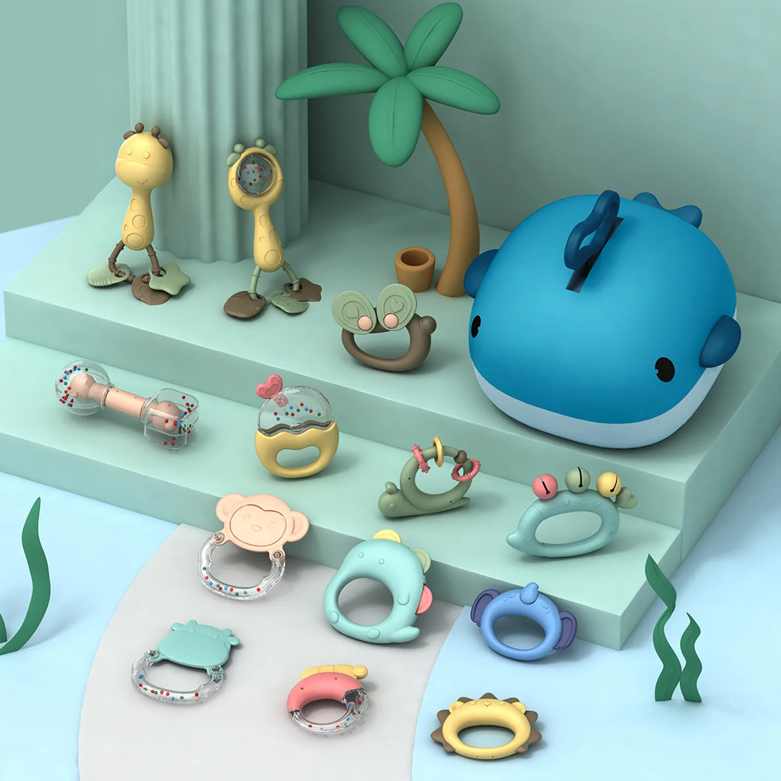 Caixa de Armazenamento Brinquedo das Crianças Bebê Seguro Mordedor Chocalho Pode Ser Cozido 0-12m Agitando Handbell Conjunto Baleia Recém-nascido Aperto Treinamento Criança 6 High Quality Brinquedos e hobbies