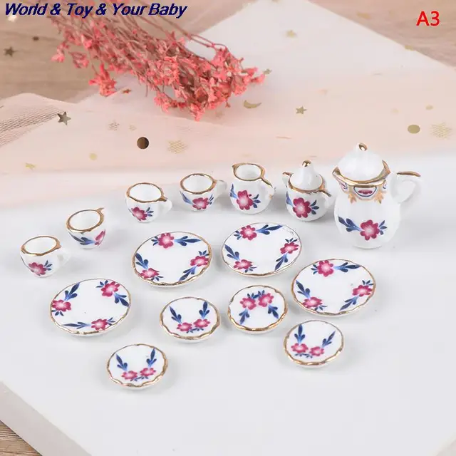 15Pcs 1:12 Miniature Porcelain Tea Cup Set Chintz Flower Tableware Kitchen Dollhouse Furniture Toys For Children 2