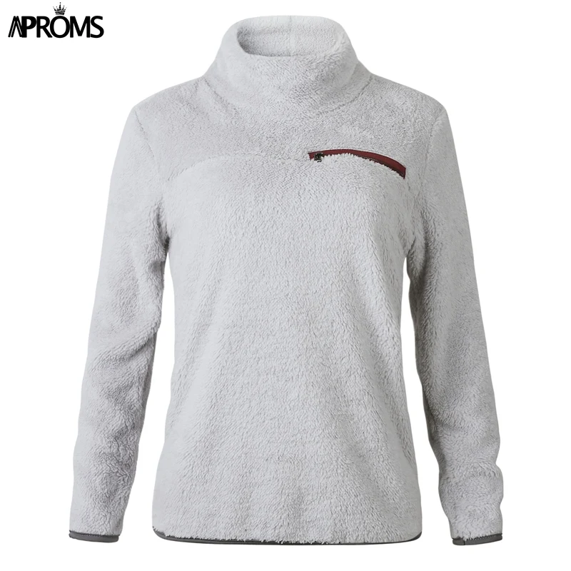 Aproms Soft Teddy Turtleneck Hoodies Women Casual Solid Zipper Sweatshirt Pullover Cool Girls Streetwear Warm Tracksuits Jumper